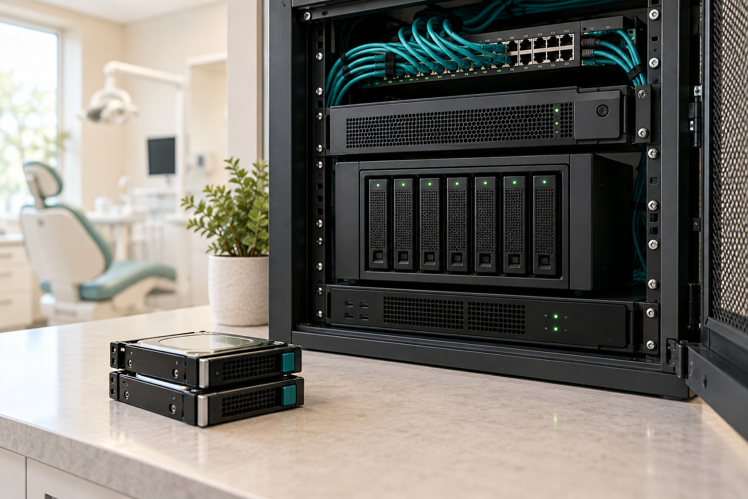 Illustration of tidy server, network and backup storage equipment
