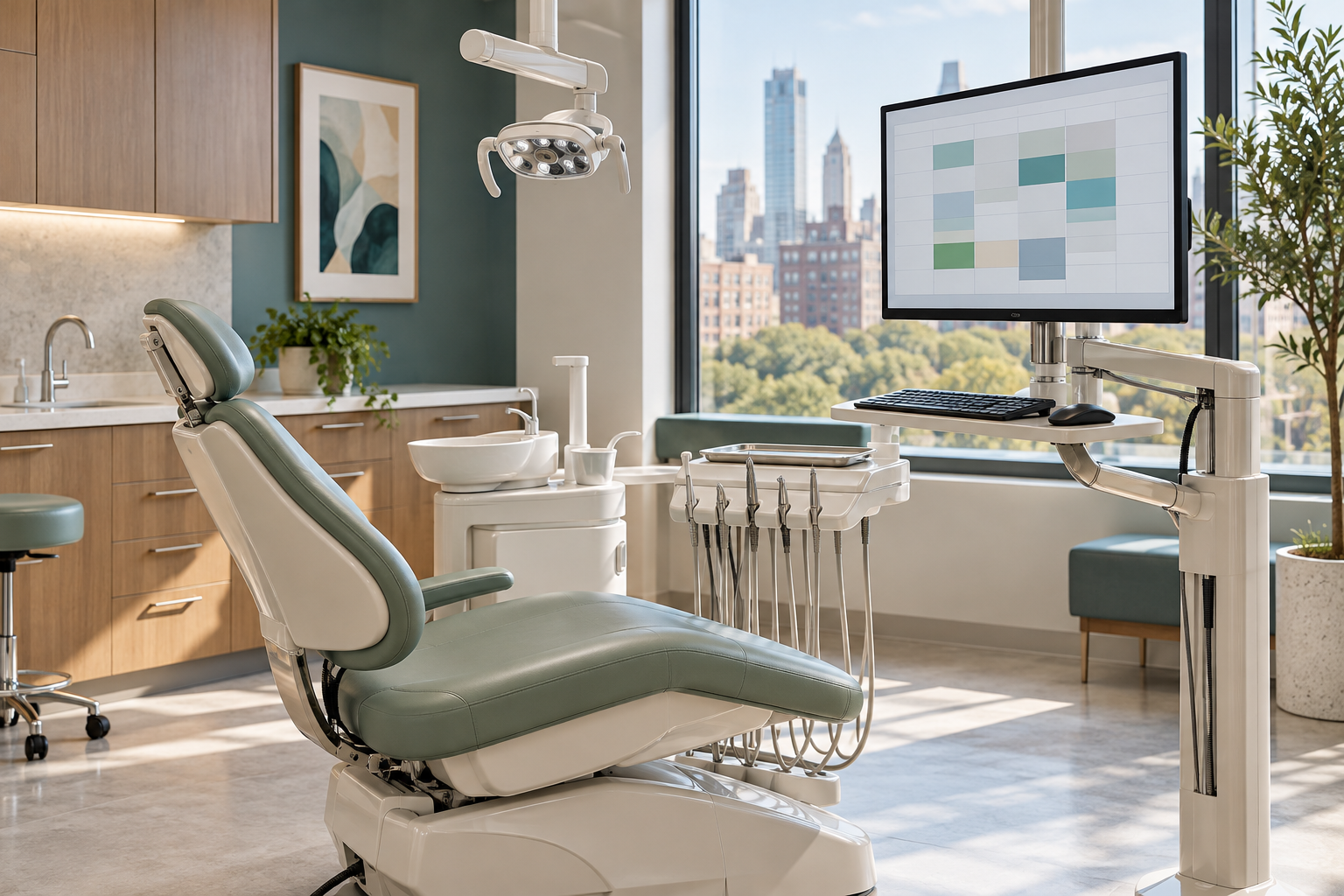 Illustration of a modern dental operatory with a computer workstation